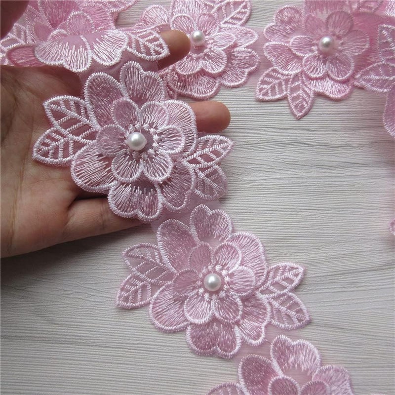 SHBBON 2 Yards 3D Flower Lace Trim Pearl Embroidered Polyester Lace Ribbon Fabric Applique Patchwork for Wedding Dress Handmade DIY Sewing Craft Supplies Decoration (Pink) - Image 3